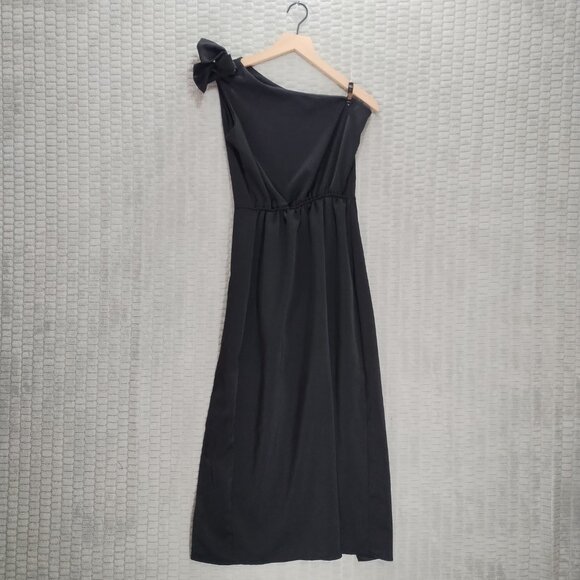 Black Asymmetrical One Shoulder Dress-Bow-Overlay-Mini with a Slit Midi Hem-Sz S - Picture 5 of 14
